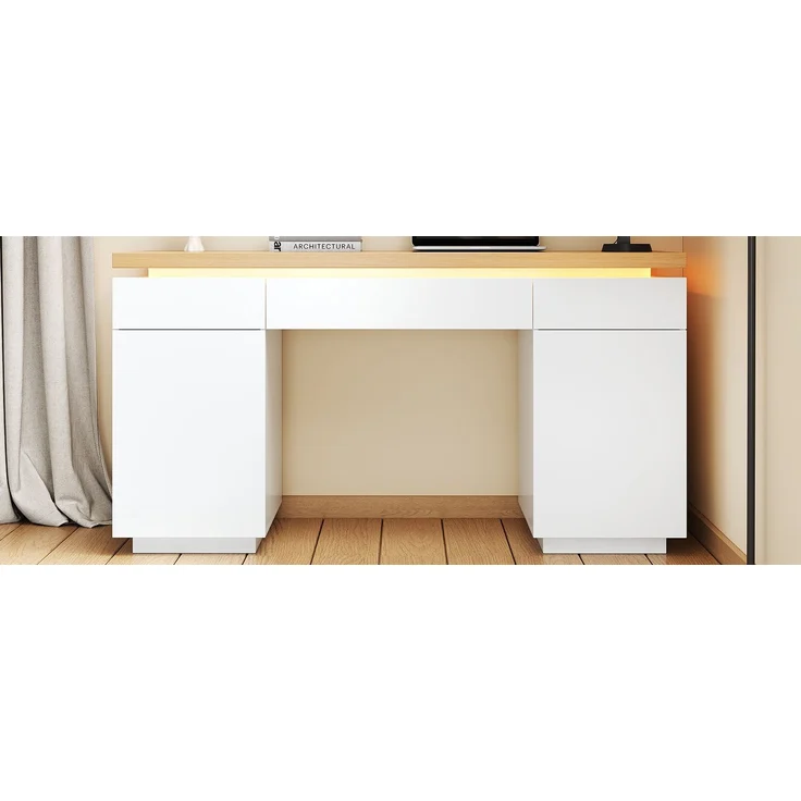 ZUBALIYA 140×50cm großer Schreibtisch,verlängerte und verdickte Tischplatte mit LED-Beleuchtung, ausgestattet mit 3 Schubladen,2 Türen und verstellbaren Einlegeböden,großer Stauraum, Schreibtisch, Schminktisch – Bild 14