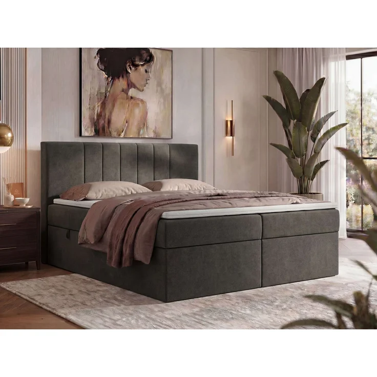 Boxspringbett INERO 140 x 200 mit Matratze H3 und Topper Visco, 7-Zonen-Multipocket-Kern, zwei Bettkästen, Doppelbett, gepolstert Kopfteil - Dunkelgrau Stukture – Bild 1