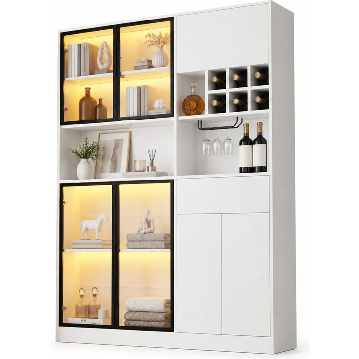 DESVIAE Regal Vitrinenschrank Weiß aus Spanplatte – 140x200x30 cm – LED-Beleuchtung, 7 Türen – Bild 7