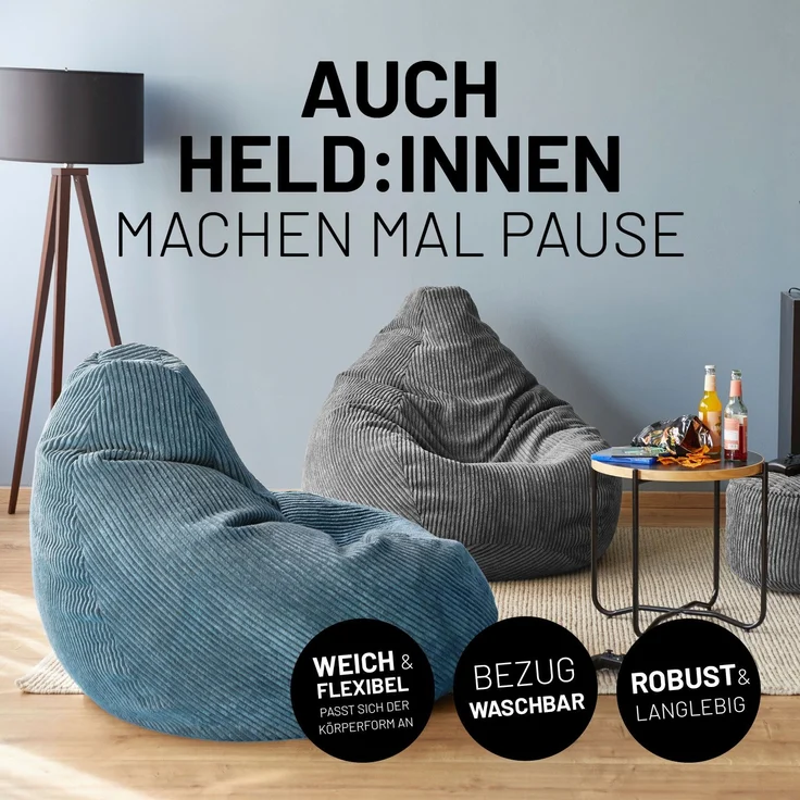 Lumaland Sitzsack GIANT Cord Sitzsack Stabile Lehne ideal fürs Gaming, verdeckter Reißverschluss, trendig & Gemütlichkeit vereint – Bild 4