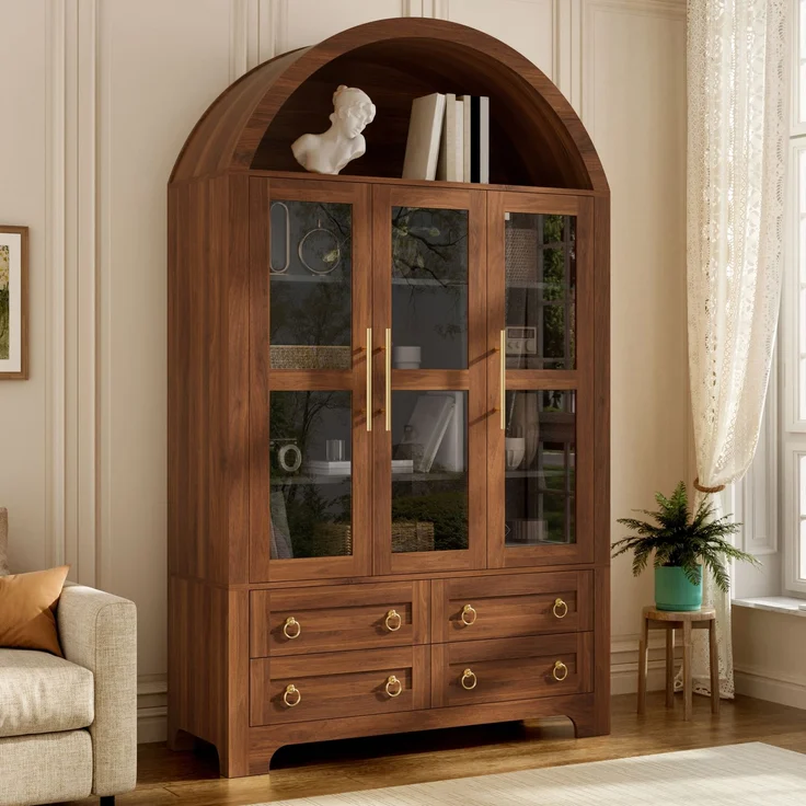 Flieks Vitrinenschrank, Hochschrank mit 3 Glastüren, 4 Schubladen & offener Bogennische, 110 x 40 x 185 cm, Walnussholzfarbe – Bild 1