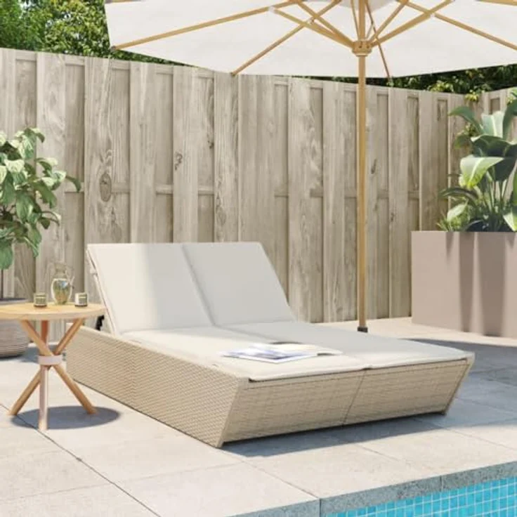 vidaXL Doppel-Sonnenliege, Beige Poly Rattan mit 4-fach verstellbarer Rückenlehne und bequemen Kissen – Bild 2