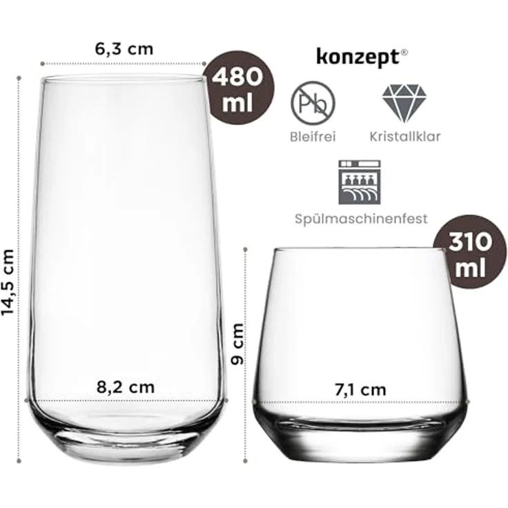 KONZEPT Gläser-Set Premium Gläser Set 12 Teilig, Wassergläser Spülmaschinenfes, 12-tlg, 6er Longdrinkgläser 480ml und 6 er Trinkgläser 310ml – Bild 3