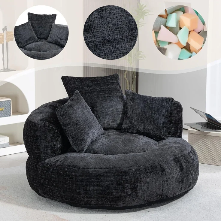 Lazy Sofa Sitzsack Couch Lounger 3 Kissen Wohnzimmer Schwarz – Bild 4