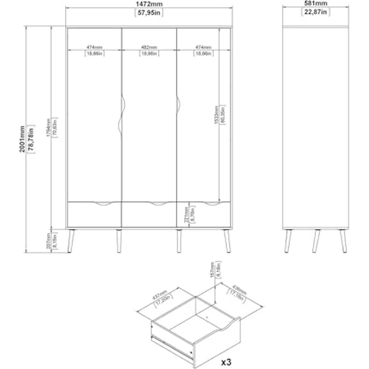 Dmora - Kleiderschrank 3 Türen Emmanuelle, Schlafzimmermöbel, Schrank, Garderobe, 147x58 h200 cm, Weiß und Eiche – Bild 2