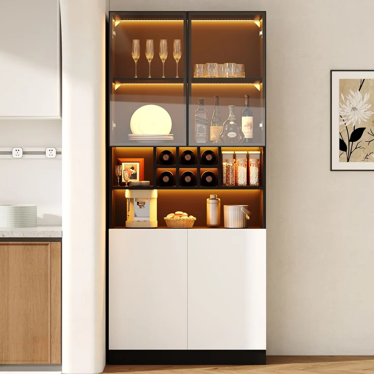 LED-Beleuchteter Glasvitrinenschrank, Küchenhochschrank 80×30×180 cm – Gehärtetes Glas, mit offenen Regalen, Platz für Flaschen und Geschirr, 2 Türen, Vielseitig geeignet für Wohnzimmer und Esszimmer--Schwarz--80x30x180cm--YOUDENOVA – Bild 2