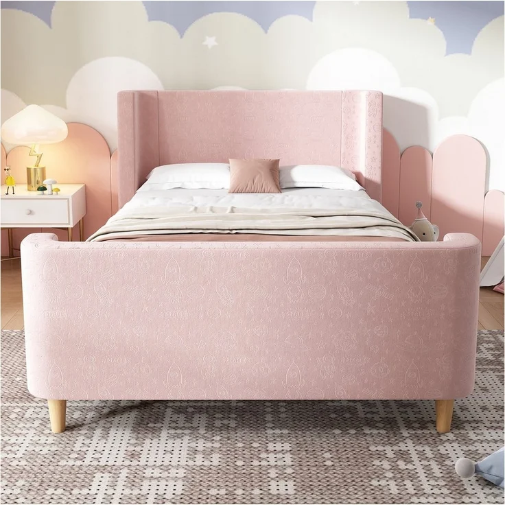 Flieks Polsterbett, Kinderbett Einzelbett 90x200cm mit kosmischem Muster Samt – Bild 2
