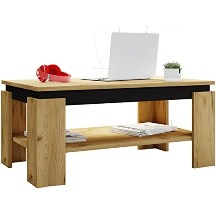 MID.YOU Couchtisch, schwarz und Honigeiche, rechteckig mit offenen Fach und Stauraum, 53x41x90 cm, einfacher Aufbau – Bild 1