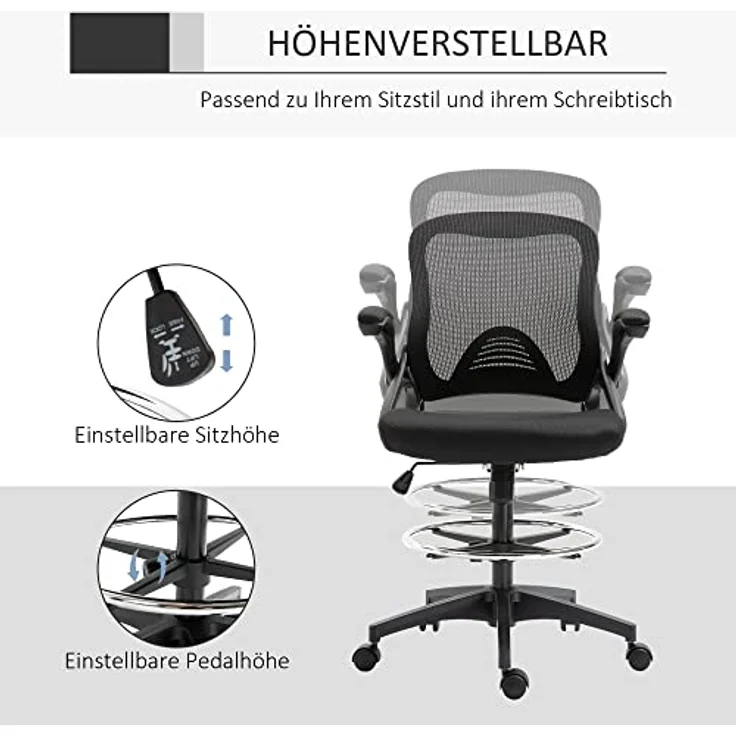 Vinsetto Drehstuhl Mesh, Schwarz, ergonomisch, höhenverstellbar, mit hochklappbaren Armlehnen, 60x126x64 cm – Bild 4