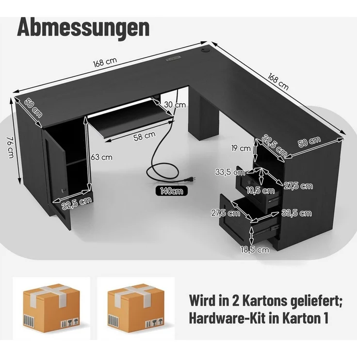 COSTWAY Eckschreibtisch, Computertisch mit Ladestation, Schrank, 2 Schubladen – Bild 2