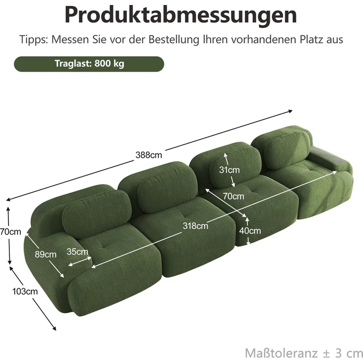 DESVIAE Sofa modular rahmenlos aus Cordstoff Grün mit 32D-Hochdichteschaum, 388 x 103 x 70 cm – Bild 10