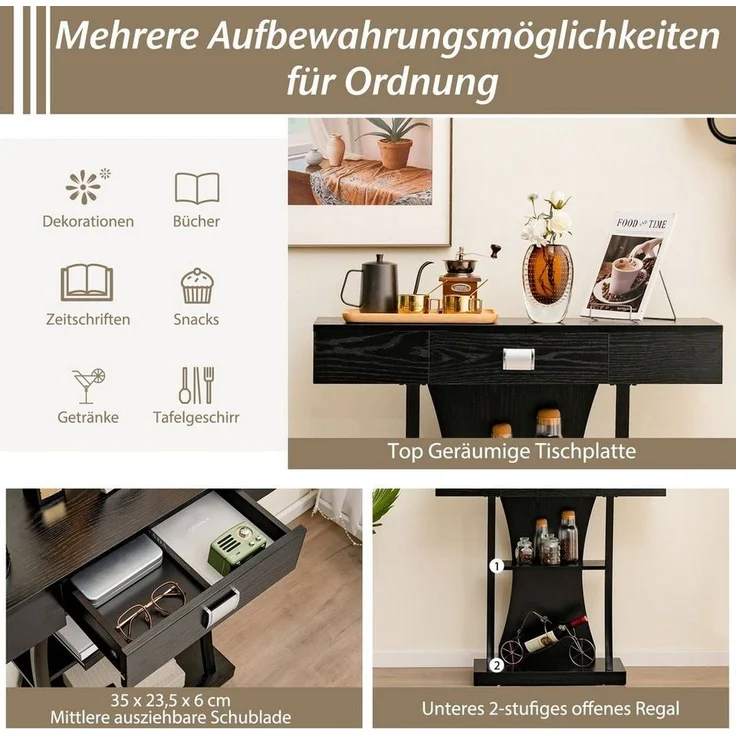 COSTWAY Konsolentisch, Schmal mit Schubladen, schwarz Flurtisch – Bild 2