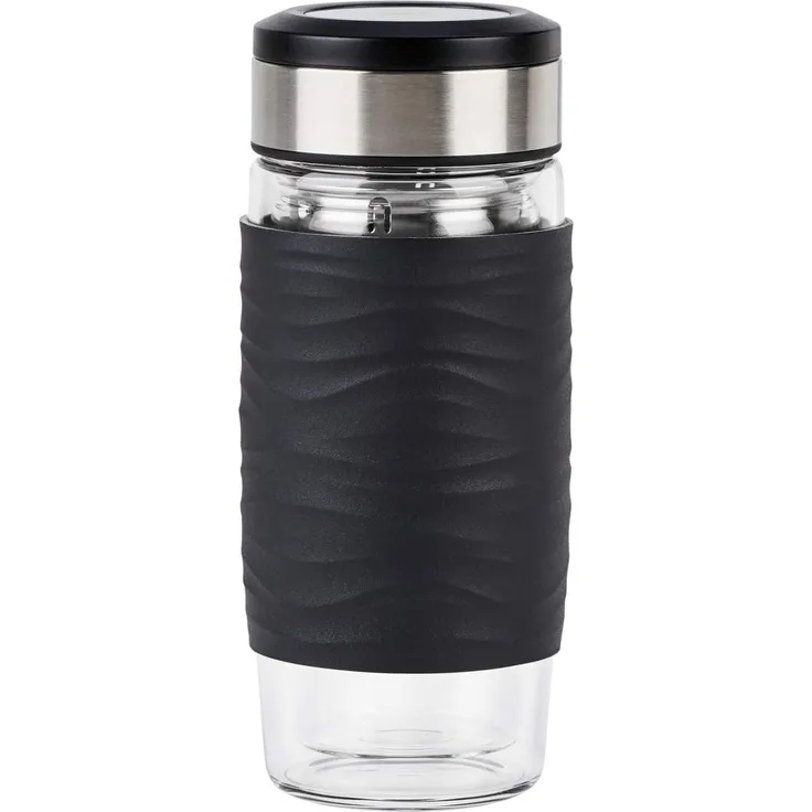 Emsa Teebecher Tea Mug, Teeglas mit Sieb, doppelwandiges Glas, Silikonmanschette, Schwarz, 400 ml , N2080300