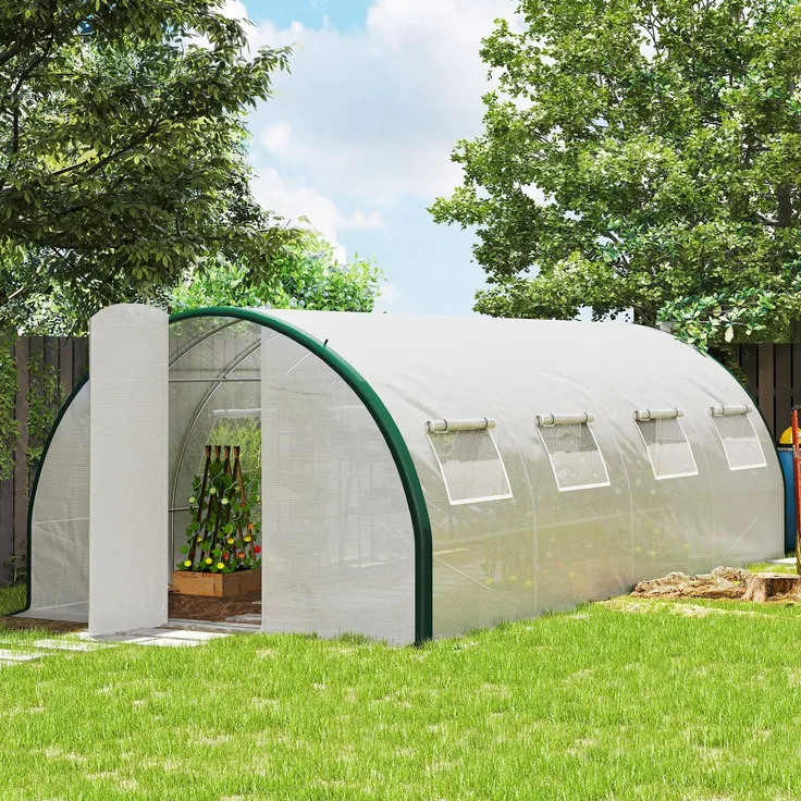 Wohnora-18 m² großes Gartentunnelgewächshaus mit Türen und 8 Fenstern, 140 g/m² PE-Folie, 600 x 300 x 200 cm, weiß,H 2000cm x T 1195cm x B 3000cm