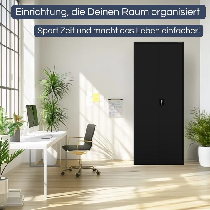 Aktenschrank abschließbar KADO - 6 Ebenen verstellbar, Flügeltüren | Metallschrank Werkstatt Mehrzweckschrank Büroschrank aus Stahl Werkzeugschrank, 220 x 90 x 40 cm Schwarz – Bild 3