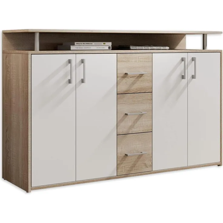 Sideboard 'DRIFT', Eiche Sägerau Dekor / Weiss ca. 139 cm breit