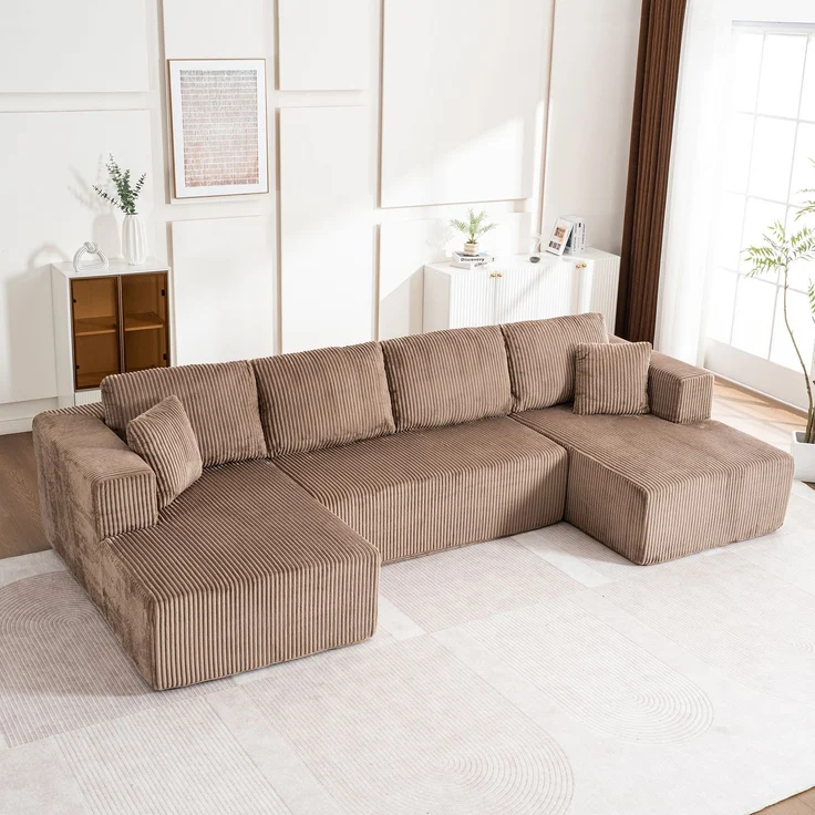Schlafsofa U-Form 332x156x88 cm Braun aus Corduroy, mit Schlaffunktion, 4 großen und 2 kleinen Kissen – Bild 2