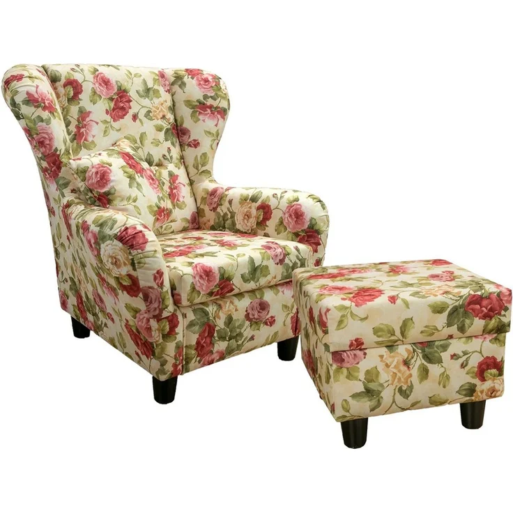luma-home Ohrensessel 18004-OTTO (mit Hocker und Zierkissen, Wellenunterfederung), Lesesessel mit Echtholzfüßen, Bezug Webstoff im Blumenmuster – Bild 1