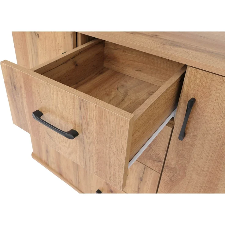 Kommode HWC-P42, Sideboard Schrank Anrichte, 4 Schubladen Staufächer 2 Türen, MDF 92 x 120 x 40 cm ~ Wotan-Eiche-Optik – Bild 6