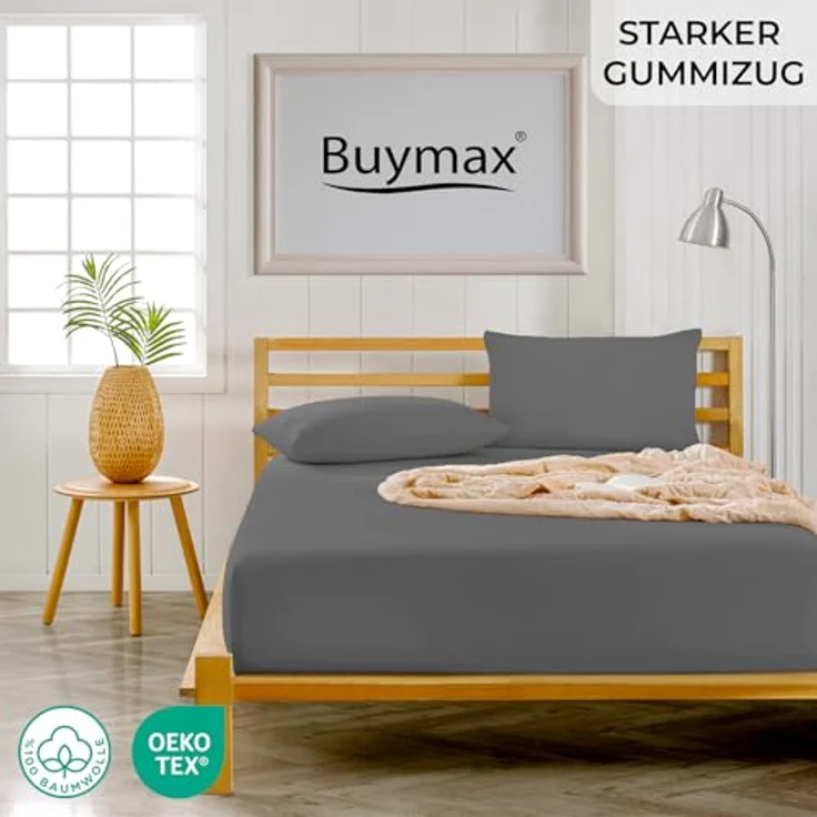 Buymax Spannbettlaken 120x200 cm Doppelpack 100% Baumwolle Spannbetttuch Bettlaken Jersey, Matratzenhöhe bis 25 cm, Farbe Anthrazit-Grau – Bild 3