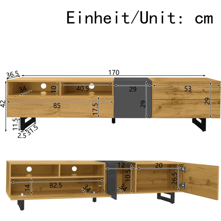 Merax 170cm TV-Schrank, einfaches Kontrastfarbdesign, drei Türen und zwei Fächer, U-förmige Metallbeine, Retro-Holzmaserung – Bild 4