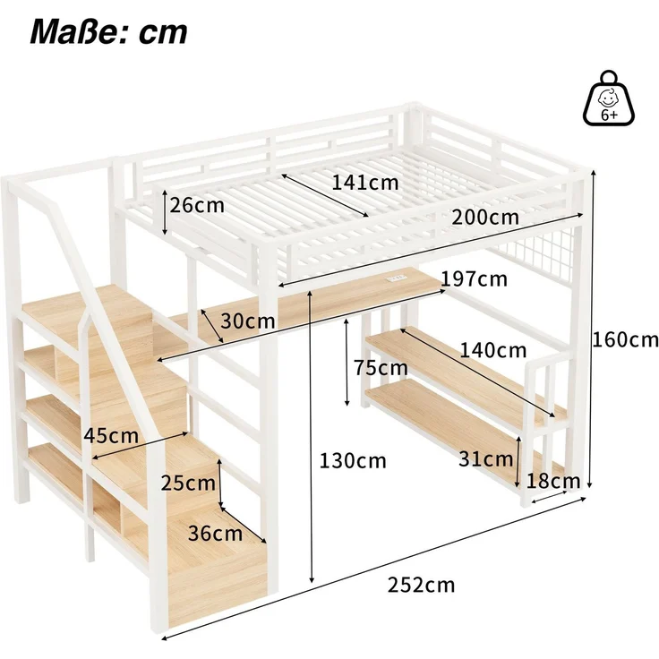 Hochbett mit RGB LED-Streifen, Schreibtisch, Treppe, Regal, Wandgitter, USB, Type-C, 140x200cm, Kinderbett, Metallbett – Bild 6