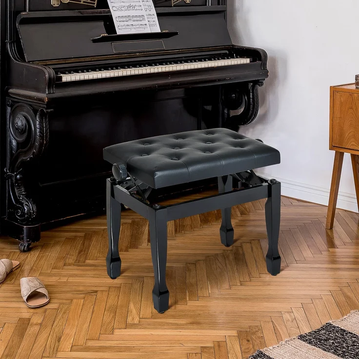 Klavierbank, höhenverstellbare Keyboardbank aus Massivholz, Klavierhocker mit gepolstertem Sitz aus Polyurethan mit 10 Knöpfen, stabil und rutschfest, Belastbarkeit 200 kg, schwarz – Bild 4