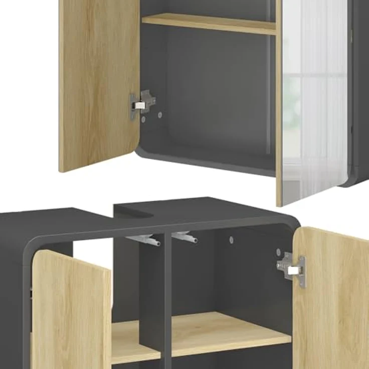 Vichy Badmöbel-Set Arla, 3-teilig, Anthrazit/Eiche mit Hochschrank und integriertem Spiegelschrank mit Beleuchtung – Bild 5