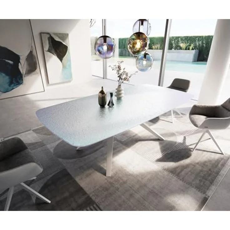 Esstisch Edge Boot 240x120 Reliefglas Perlmutt 3D-Design Zenthara kantig Metall Weiß – Bild 3