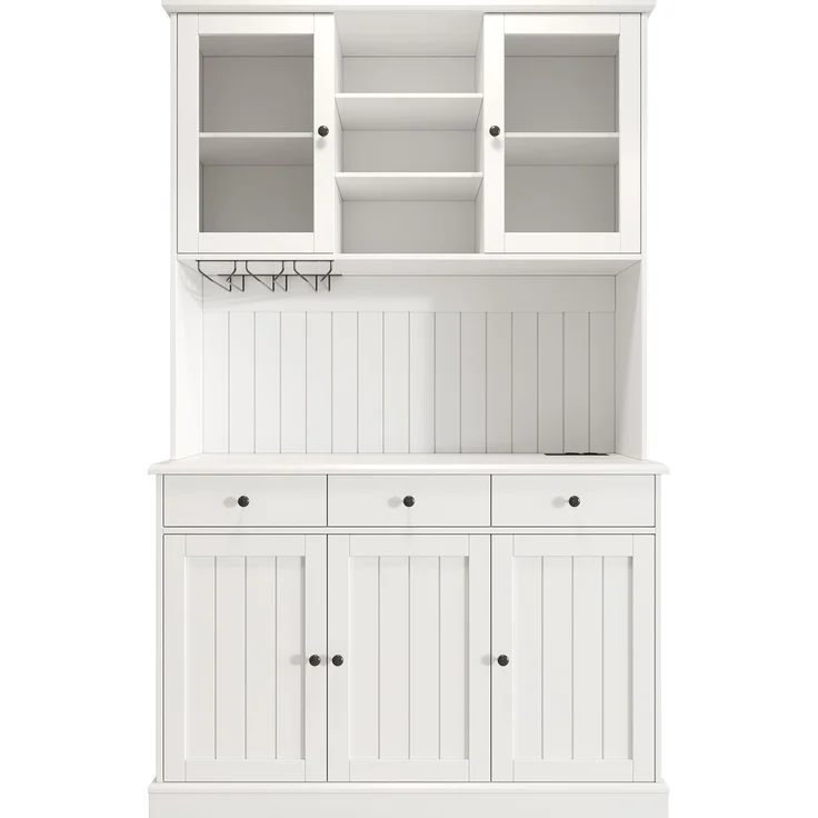 Buffetschränke, Esszimmer-Hochschrank 120×40×191 cm, mit Glastüren, Gläserhalter, mehrstufigem Stauraum, integrierter Steckdose sowie USB-C- und USB-A-Anschlüssen, Weiße und schwarze Griffe – Bild 9