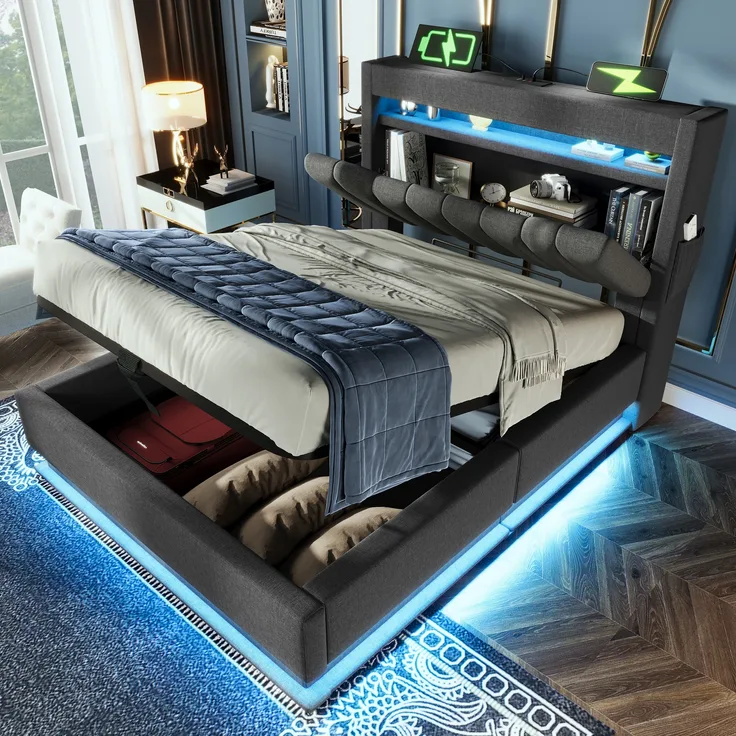 Polsterbett, Einzelbett mit Stauraum-Kopfteil USB Typ-C Anschlüssen LED-Beleuchtung Kopf- und Fußende Hydraulischem Stauraum, Leinen, Grau, 90x200cm