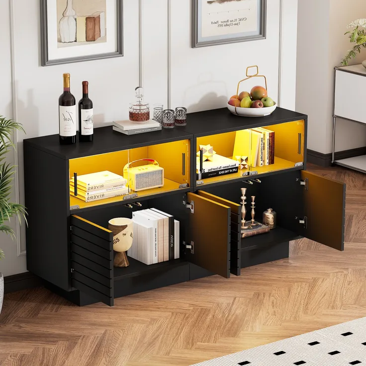Sideboard Highboard 130x35x68 cm, schwarz mit Glastüren & LED-Beleuchtung