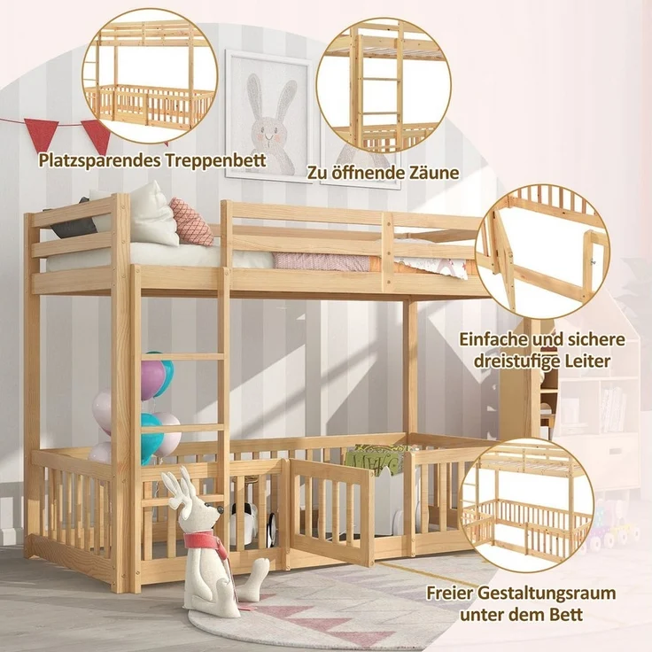 Flieks Etagenbett (mit rechtwinkliger Leiter, Zäune und Tür), Hochbett Kiefernholz Kinderbett mit oberem Lattenrost 90*200cm – Bild 3