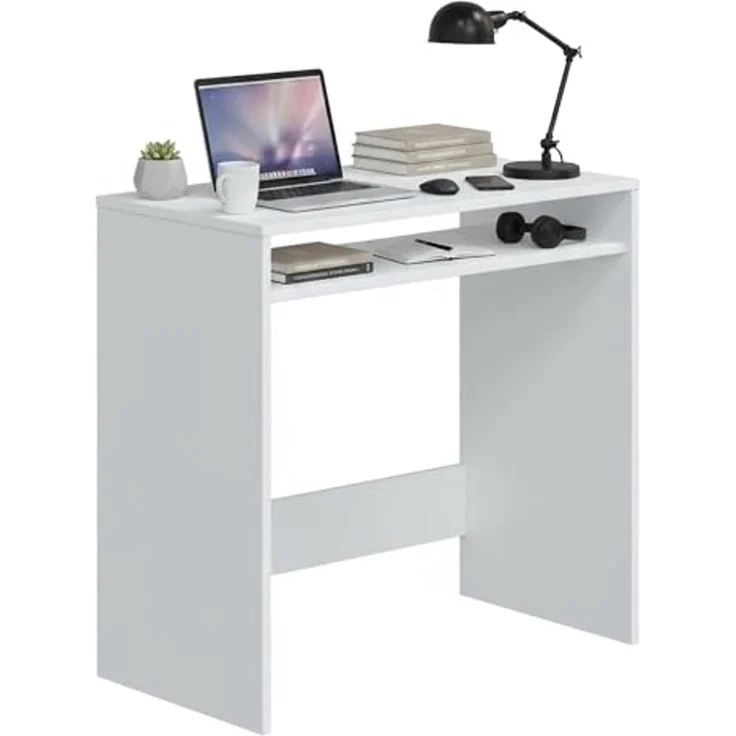 Dmora - Schreibtisch Portland, Linearer Schreibtisch mit festem Regal, Arbeits- oder Bürotisch für PC, 79x43x78 cm, Weiß – Bild 3