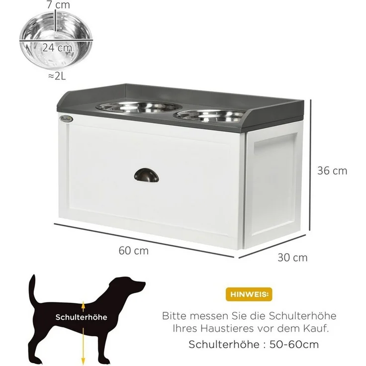 PawHut Futternapf erhöhter Fressnapf mit Schublade, Edelstahl, Weiß 60 x 30 x 36 cm – Bild 2