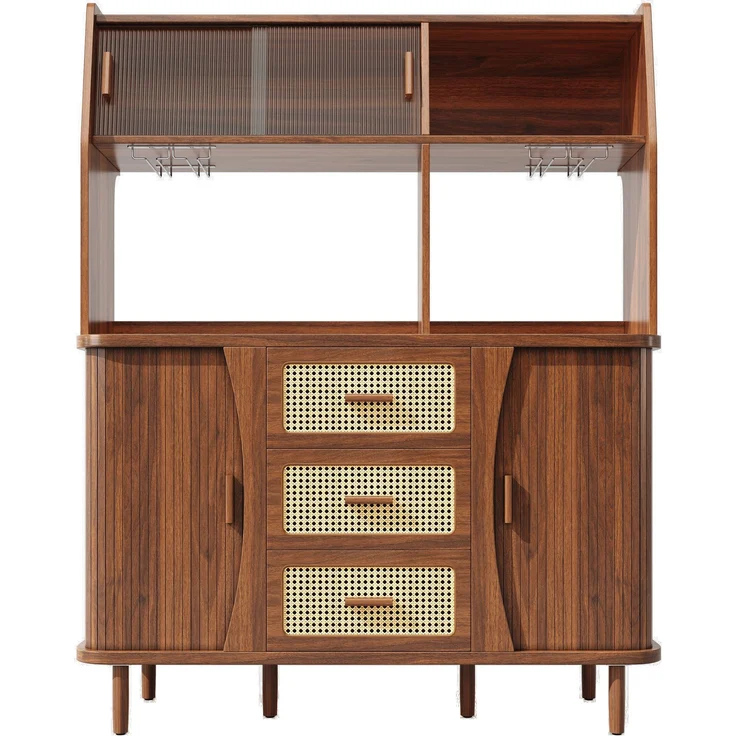 Hochwertiger Buffetschrank mit Rattanoptik & Glasschiebetüren, 174,5cm hoher Küchenschrank mit Stauraum, Naturholz-/Nussbaum-Optik, belastbar bis 60kg – Bild 7