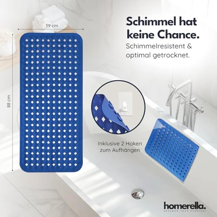 Homerella Badematte rutschfest Hautsensitiv 88x39cm, INKL. AUFHÄNGUNG, Antirutschmatte Badewanne BPA frei, Duschmatte schimmelresistent & maschinenwaschbar – Bild 4