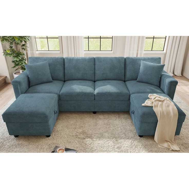 Flieks 4-Sitzer Modulsofa mit 2 Stauraumhockern, USB & USB-C, L- oder U-Form Polstersofa, 261 x 134 x 82 cm, Chenille, Blaugrau – Bild 4
