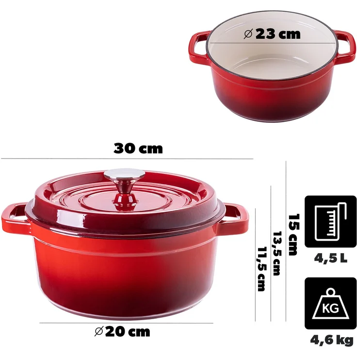 KADAX Gusseisentopf 4,5 Liter, Ø 23 cm, Schmortopf aus emailliertem Gusseisen, Rund Topf mit Deckel, Bräter zum Schmoren, Braten, Kochen & Backen, Bratentopf (Rot) – Bild 2