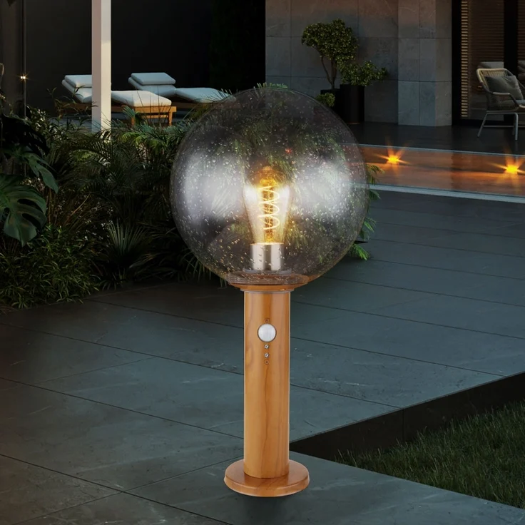 Sockelleuchte, Glaskugel, Holzoptik, Bewegungsmelder, H 38 cm – Bild 8