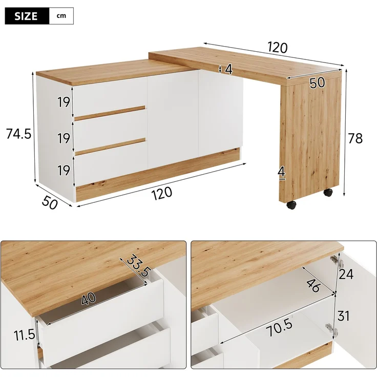 ZUBALIYA Schreibtisch mit feststellbaren Rollen – multifunktionales Design, 4 cm dickere, drehbare Tischplatte, fest arretierbar, weiß/Eiche, Faltbarer Schreibtisch, Eckschreibtisch, Sideboard,Dicke Materialie – Bild 6