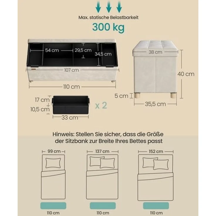 SONGMICS Sitzbank mit Stauraum, Hocker faltbar, 38 x 110 x 40 cm, Aufbewahrungsbox mit Deckel, Fußhocker 112 L, Samt, bis 300 kg belastbar, Flur Wohnzimmer Schlafzimmer – Bild 3