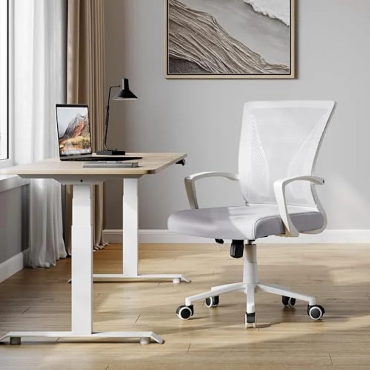 Yaheetech Bürostuhl Ergonomisch, Schreibtischstuhl mit Netzbespannung, Arbeitsstuhl mit Armlehnen, Chefsessel aus Mesh, höhenverstellbarer Computerstuhl 136 kg, atmungsaktiv, Wippfunktion Hellgrau – Bild 2