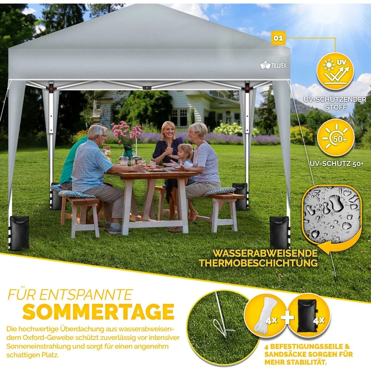 tillvex Partyzelt 3x3 m – Wasserdichter Pavillon Grau, Pop-Up Faltpavillon mit UV-Schutz 50+, Sandsäcken & Tragetasche – Bild 7