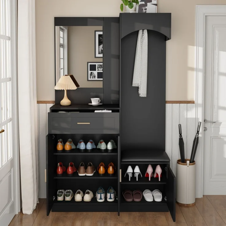 Kompaktgarderobe mit Schuhschrank, Schuhbank, Kosmetikspiegel, verstellbare Einlegeböden, MDF Schwarz, platzsparend – Bild 3