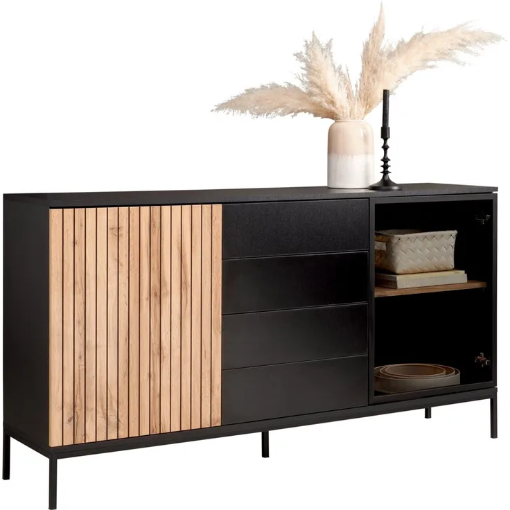 XORA 'VIANO' Sideboard Front Lamellen-Optik, Melamin Eiche schwarz, 153.6 x 83 x 38 cm, mit Beleuchtung