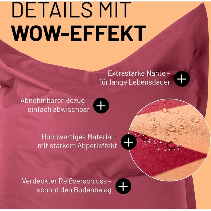 Lumaland 'Karo' Sitzsack XXL für Outdoor & Indoor, Polyester, Pfirsich/Rot, 380 l – Bild 8