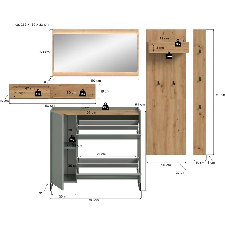 Garderobenkombination B/H/T: 192x236x32 cm in Salbei Nachbildung und Artisan Oak Nachbildung – Bild 4