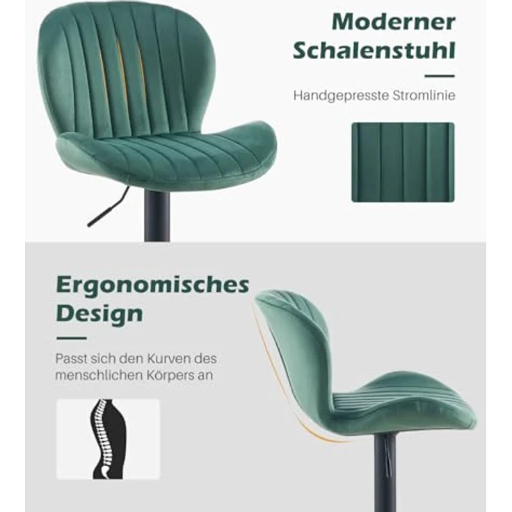 TUKAILAI Barhocker 2er Set aus Samt, Barstuhl Höhenverstellbar，360°Drehbar, Hocker mit lehne,fußstütze,metallrahmen, Gepolsterter Küchenhocker Tresenhocker, Bar Chair für Küche Bars, Grün – Bild 7
