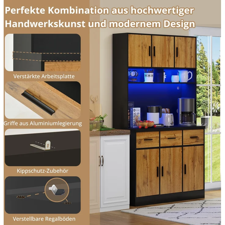 100x40x180cm, multifunktionales Buffet mit LED-Beleuchtung mit APP-Steuerung, Schubladen, verstellbaren Einlegeböden, Kabelführungslöchern und Steckdosen, ideal für Küchen und Esszimmer – Bild 2